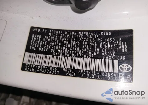 2015 Toyota Corolla Le из США, поврежденный, VIN 5YFBURHE0FP288828